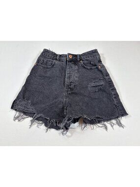 Zara Womens Distressed Black Jean Shorts Size 2 High-Waisted Denim (AA419)